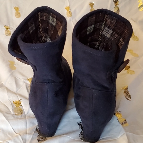 EUC hidden wedge microsuede bootie w/wooden button - Picture 3 of 8